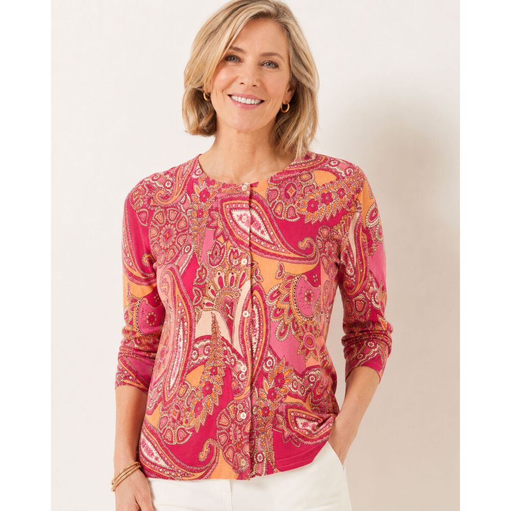 Talbots Petite XLP Charming Cardigan Dazzling Paisley Pink Button Front Cotton